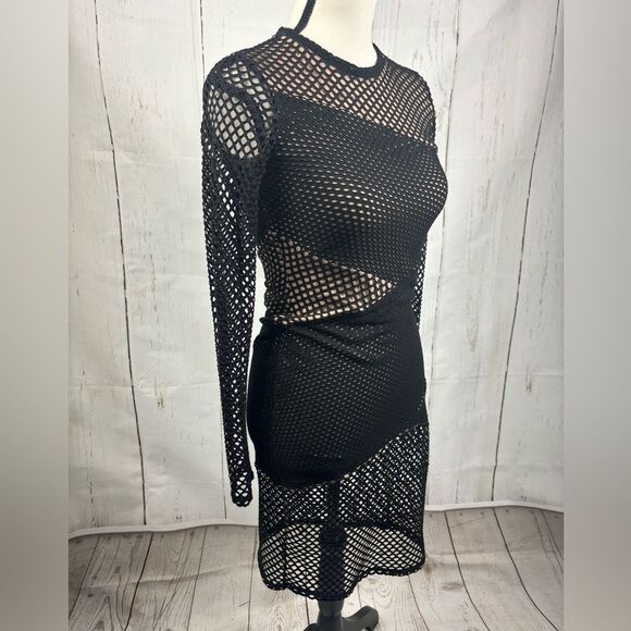 BCBGMAXAZRIA Asymmetrical Mesh Body-Con Dress Black Nude - Picture 5 of 11